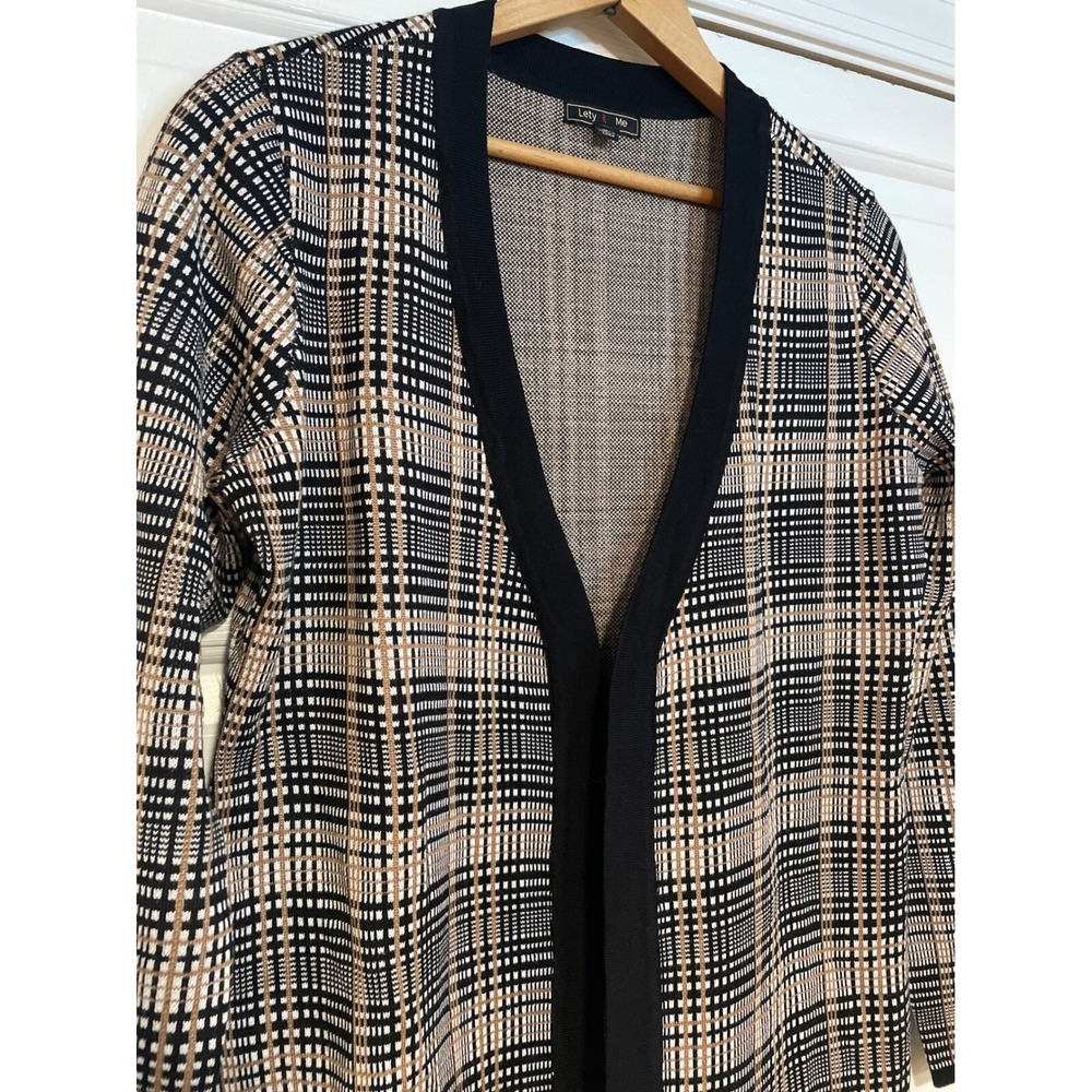 Lety&Me Plaid Open Front Knit Cardigan Sweater Preppy Punk Layer M Tan Black